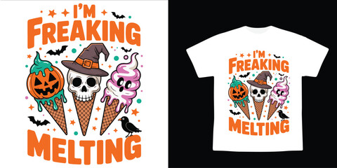 Funny Halloween Skull Ice Cream T-Shirt Design – Spooky Pumpkin, Witch Hat, and Melting Ice Cream Vector Artwork