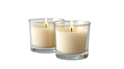 Pair of White Scented Candles in Clear Glass Holders with Bright Flames on a Transparent Backdrop