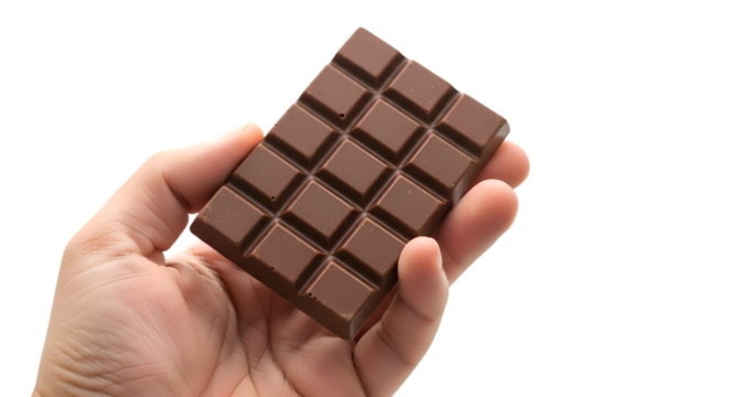 Hand Holding a Delicious Chocolate Bar with Square Sections CloseUp View.