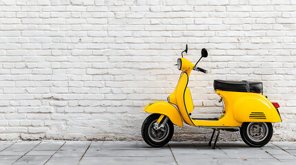 Yellow scooter parked against white brick wall Vintage vehicle transportation Italy side profile summer