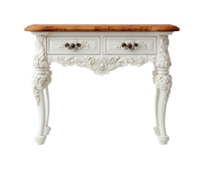 Elegant white vintage console table with drawers home decor interior design isolated on transparent background, png