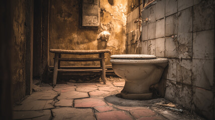 Abandoned bathroom with toilet and stool