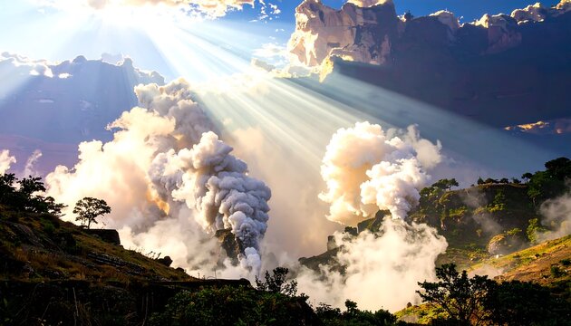 Dramatic sunbeams pierce clouds over a mountain landscape with steam rising from a factory