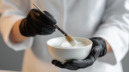 A professional in black gloves carefully mixing a cosmetic product in a white bowl.