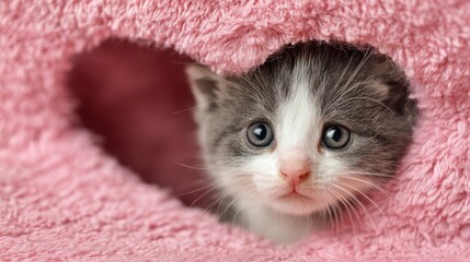 White and gray kitten cutely peeks out from a pink heart-shaped opening, embodying tenderness, love, and the soft emotions of purity and affection.
