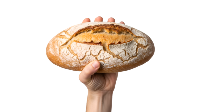 Hand Holding Freshly Baked Crusty Artisan Bread with Detailed Texture.