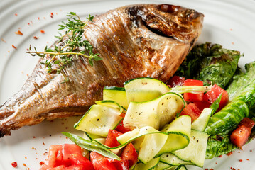 Whole roasted fish with fresh thyme, served with zucchini ribbons, diced tomatoes, and leafy greens on a white plate. Colorful, healthy, and appetizing meal