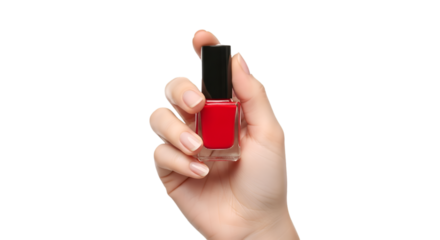 Hand Holding Red Nail Polish Bottle Demonstrating Manicure Application.
