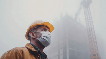 Close-up of a determined construction worker in a dirty mask and hard hat, looking towards a hazy, busy job site with a crane in the distance