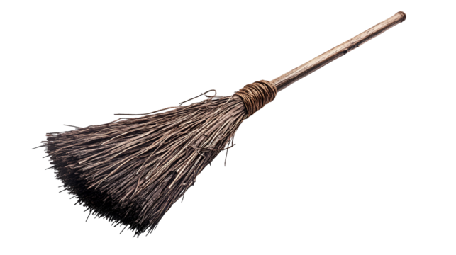 Rustic Witch's Broomstick Isolated on Transparent Background for Halloween or Fantasy Illustrations