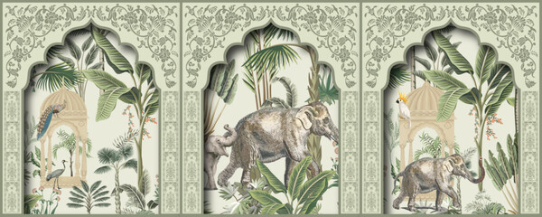Beautiful Mughal arch, palace, peacocks, elephant,  garden, jungle, illustration. Chinoiseries peacock, Birds Palace garden royal Wallpaper. moroccan decorative, Indian Punjabi Rajasthani art vector © Sidra