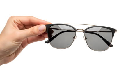 Hand Holding Stylish Sunglasses with Black Frames and Gold Accents.