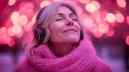Content Emotion Serene People Wearing Headphone Listening To Music Adult Woman