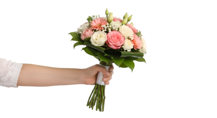 Hand Presenting a Beautiful Bouquet of Pink and White Roses.