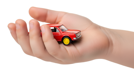Miniature Red Car with Yellow Wheels Held Gently in a Hand.