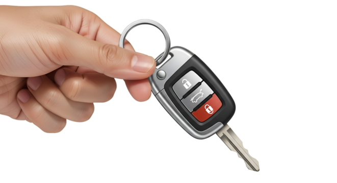 Modern Car Key Held by Hand Featuring Remote Control Buttons.