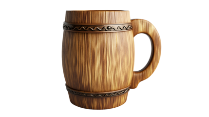 Rustic Wooden Beer Mug with Intricate Metal Detailing on a Transparent Background for Oktoberfest
