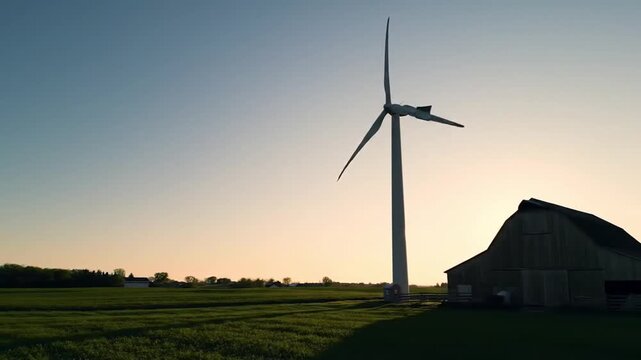 Wind turbine spinning at sunset near a rustic barn in a green field, highlighting renewable energy