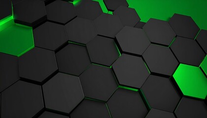 Abstract 3D rendering of black hexagons with green glowing edges