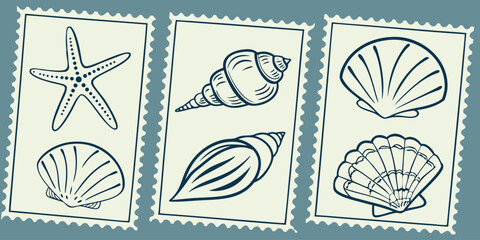Vector art of seashells and starfish stamps isolated on white background in a flat design style