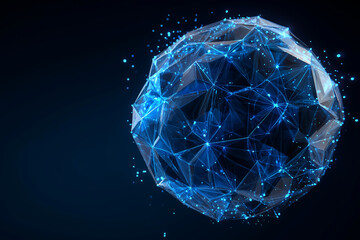 Fototapeta premium Blue cyan luminous globe with subtle low poly facet glowing dark space, digital network sphere with connected points and lines