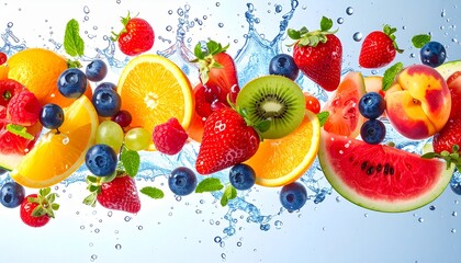 imagen hiperrealista de una explosión de frutas de temporada, con diversas frutas frescas (fresas, cerezas, melocotones, ciruelas, sandía, uvas, arándanos y naranjas) flotando en el aire