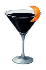 Halloween watercolor black martini cocktail spooky dark drink with orange slice garnish. Vector isolated on white background.