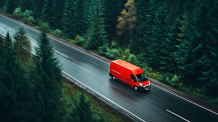 A high-angle commercial transport photo of a bright orange delivery van driving fast on a scenic mountain highway