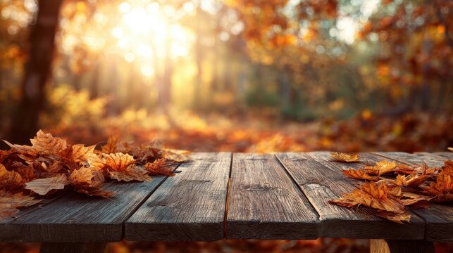 Vibrant photo of rustic wooden table covered in autumn leaves with golden sunlight.