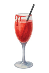 Halloween watercolor vampire kiss cocktail, spooky red drink with blood drip effect. Vector isolated on white background.
