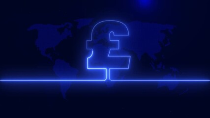 Glowing Pound Sterling Symbol Animation on Blue Digital World Map - Global Finance and Data Technology Concept. - Powered by Adobe
