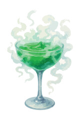 Halloween watercolor green cocktail with smoke (dry ice). Vector isolated on white background.