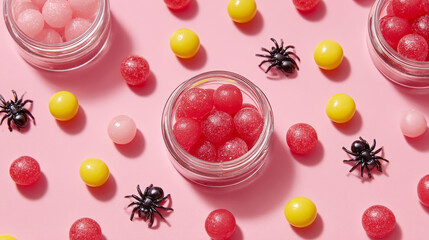 Fun candy explosion on pink background with spiders for festive halloween decor