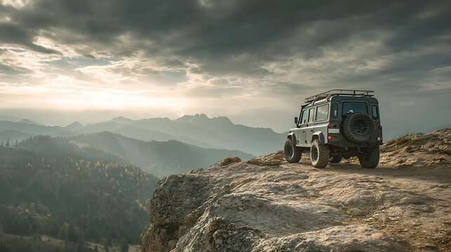 A breathtaking travel photo showing an off-road car parked on a mountain cliff overlooking a deep, foggy valley - Powered by Adobe