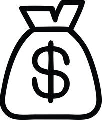 Simple hand drawn outline of a money bag with a dollar sign representing wealth and financial gain