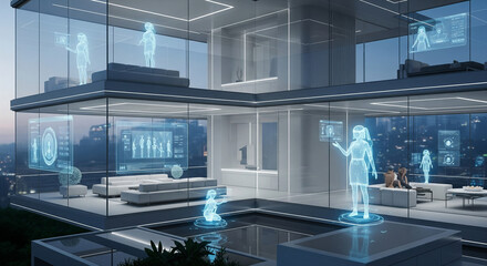 Futuristic Interior with Holographic Interfaces and Characters.