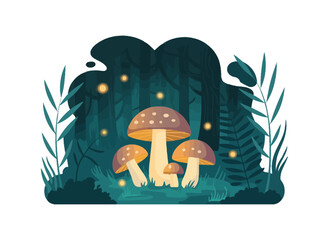 Enchanted Forest Mushroom Glade with Fireflies Illustration Whimsical Scene Nature Background Woodland Magic Fantasy Concept Design