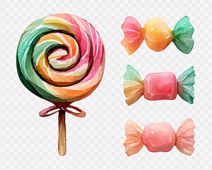 Big spiral lollipop and wrapped candies watercolor illustration, sweet colorful design for children’s decor, candy shop and festive celebration. Vector illustration.