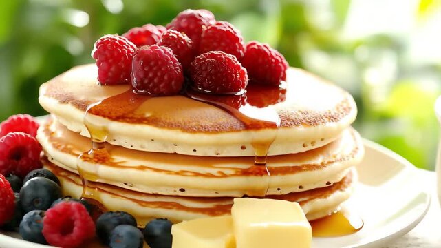 Delicious breakfast pancakes stack with fresh berries and honey sweet food dessert meal cooking concept video in 4k cinematic motion