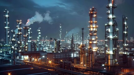 Fototapeta premium Nighttime industrial scene showcasing towering smokestacks and illuminated structures against a city skyline