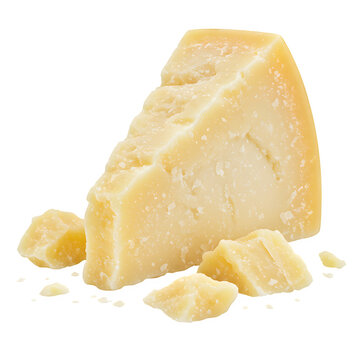 A wedge of aged parmesan cheese with small cubes and crumbs, isolated on white or a transparent background, PNG format