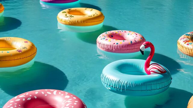 Colorful floaties drift in sunlit pool: whimsical play with flamingo and donut rings