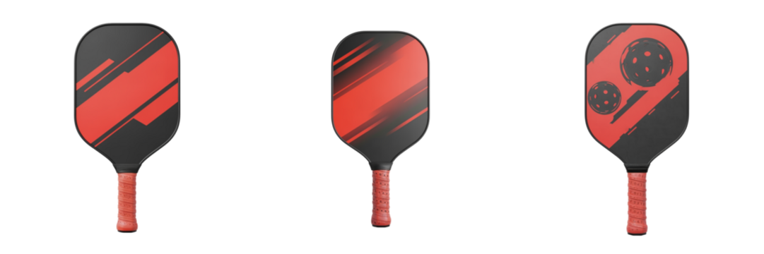 Pickleball paddle set with red and black design featuring different patterns for competitive play and recreational pickleball enjoyment