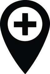 Obraz premium Black and white map marker icon with a white circle containing a black plus sign symbolizing a medical location