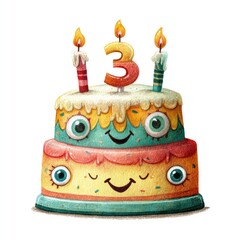 Cute, whimsical birthday cake with three candles.  Colorful, layered cake with cartoon eyes and a happy expression.  Number three