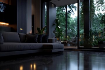 Fototapeta premium Luxurious living room with nature view through large windows and elegant modern design