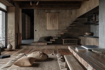 Sophisticated Interior Design with Natural Wood Accents and Minimalist Decor Showcasing Unique Staircase and Open Concept Living
