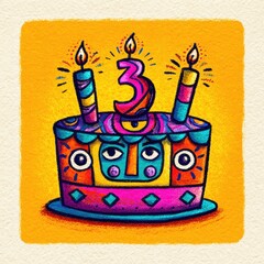 Vibrant cake with number three candles