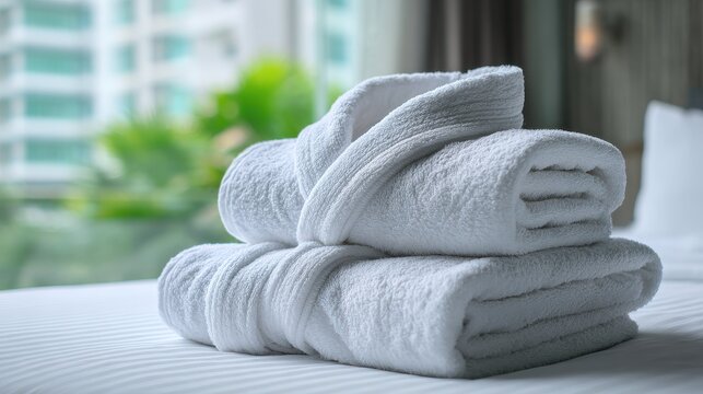 Vibrant photo of plush white bathrobe and towels on a bed. - Powered by Adobe