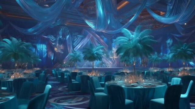 Enchanting ballroom with blue palm decor Wedding, event, celebration, luxury Inside design, and festive.
